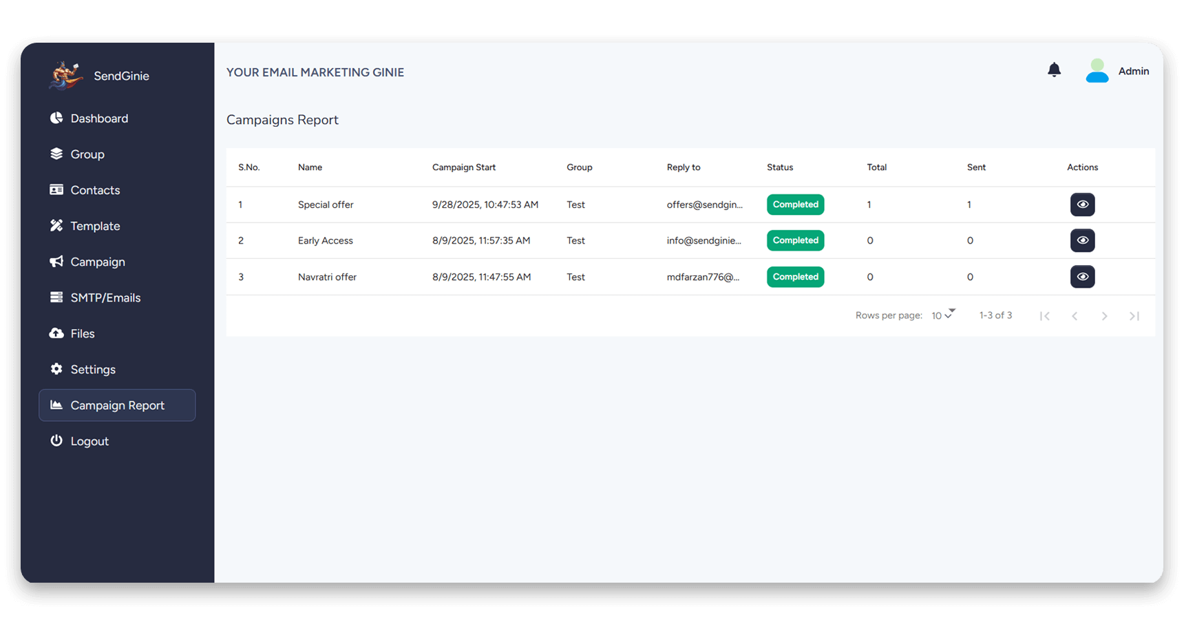SendGenie Email Marketing Dashboard